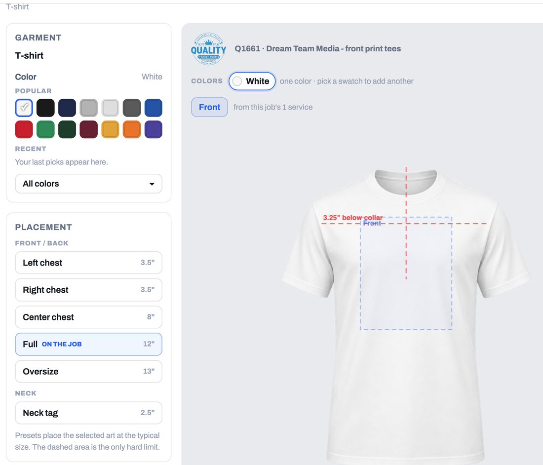 The t-shirt designer: garment, color swatches, placements with print sizes, and the shirt on the canvas