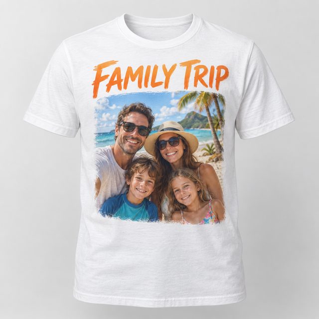 A white tee with the customer's family photo and Family Trip lettering on the front