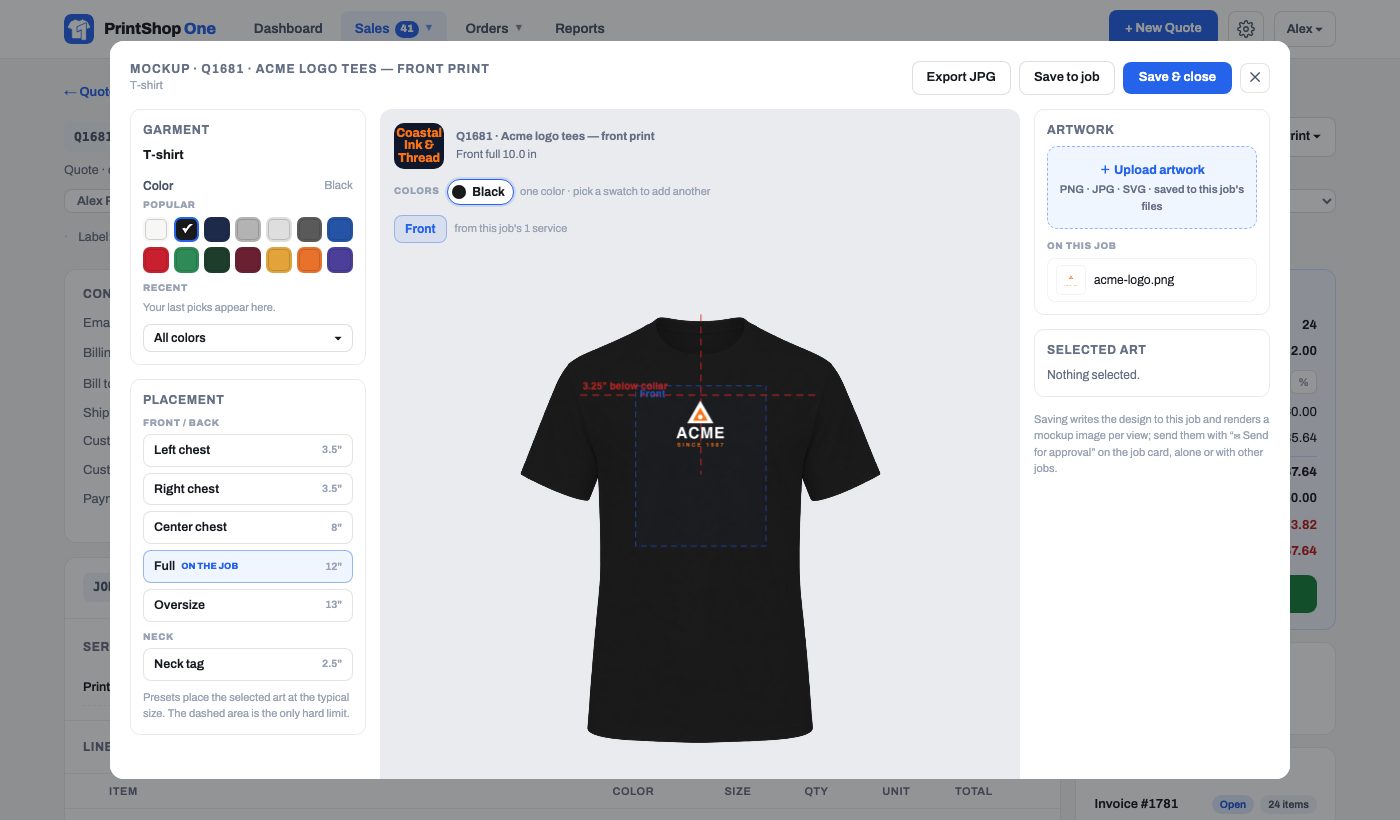 The mockup maker: garment color, placements with print widths, the art placed 3.25 inches below the collar