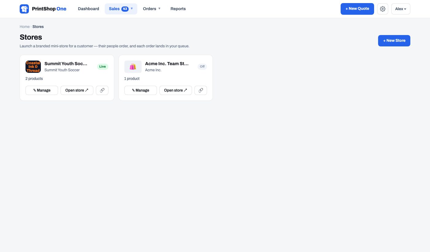 Stores screen with a store card per client: live or off, products, manage, open store, copy link